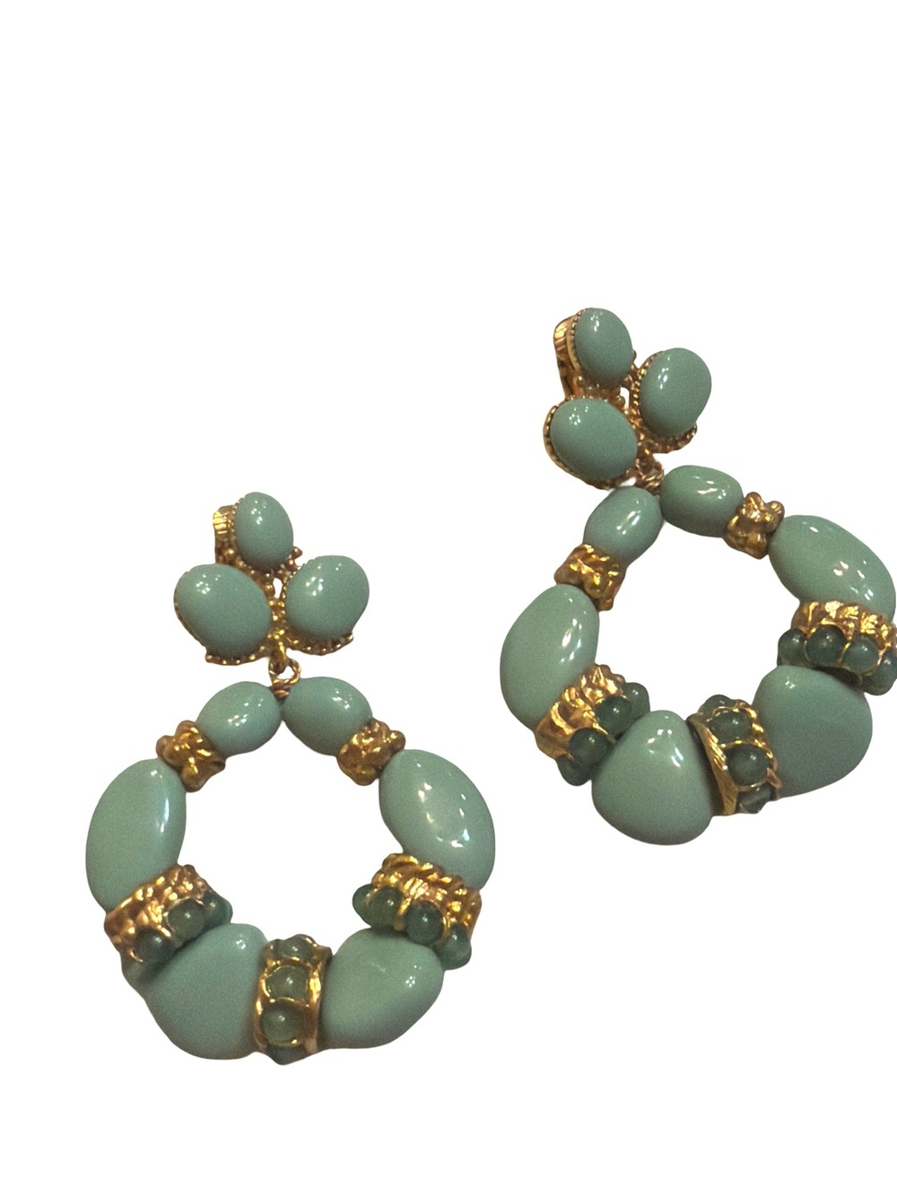 Vintage St. John Signed Gold Sage Green Cabochon Drop Hoop Clip On Earrings
